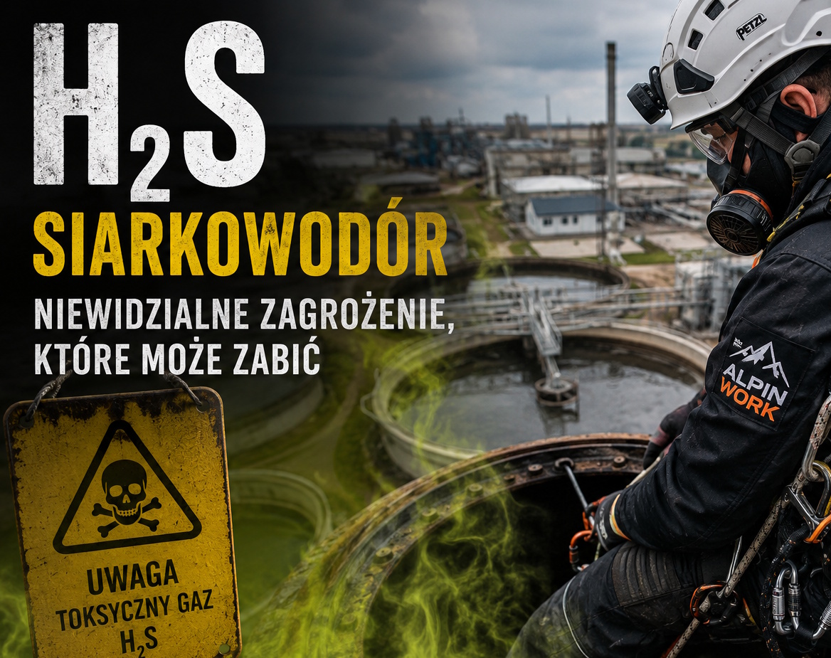 Alpinista przemysłowy pracujący na obiekcie przemysłowym z ryzykiem obecności H₂S
